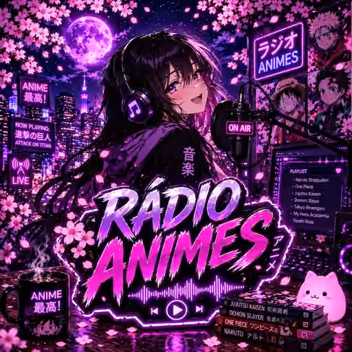 Arte da Rádio Animes, com ilustração de anime e cores vibrantes